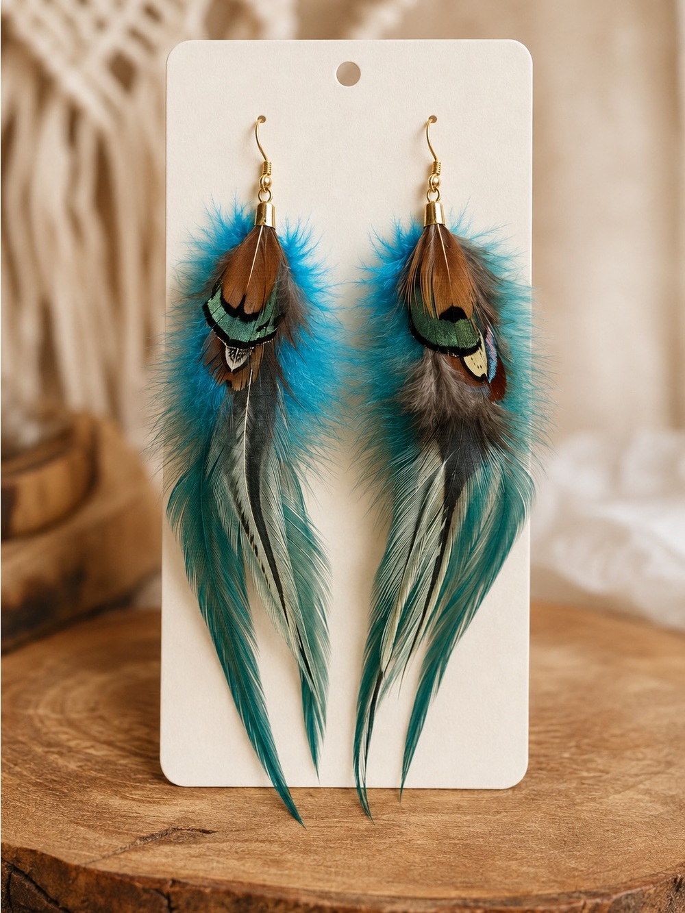 Boho Feather Drop Earrings - Teal & Brown